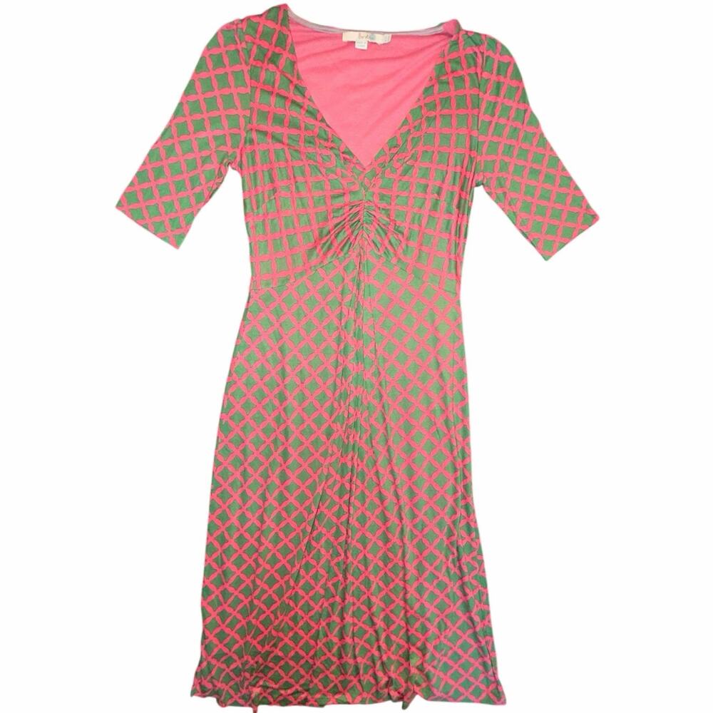 Boden Pink Green Geometric Trellis Ruched V-Neck Midi Dress Sz US 6L‎ UK 10L